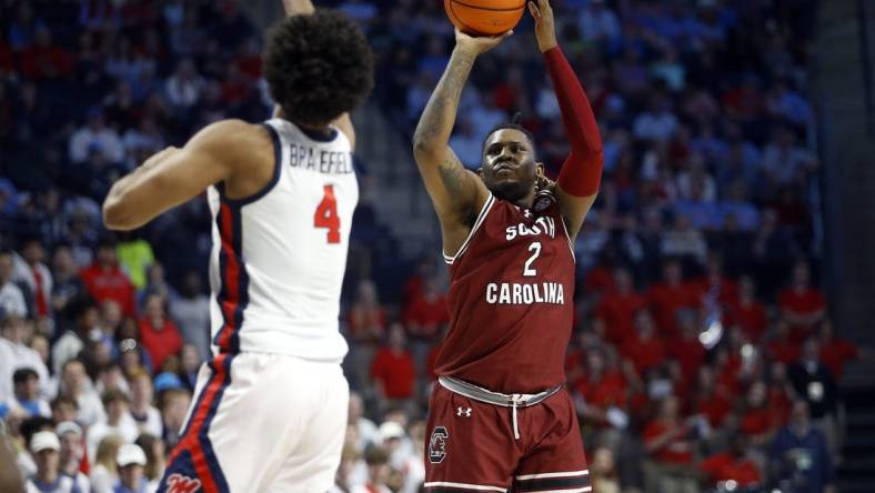 Feb 24, 2024; Oxford, Mississippi, USA; South Carolina Gamecocks forward B.J. Mack (2) attempts a three point shot during the first half against the Mississippi Rebels at The Sandy and John Black Pavilion at Ole Miss. Mandatory Credit: Petre Thomas-USA TODAY Sports