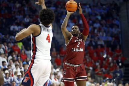 Feb 24, 2024; Oxford, Mississippi, USA; South Carolina Gamecocks forward B.J. Mack (2) attempts a three point shot during the first half against the Mississippi Rebels at The Sandy and John Black Pavilion at Ole Miss. Mandatory Credit: Petre Thomas-USA TODAY Sports