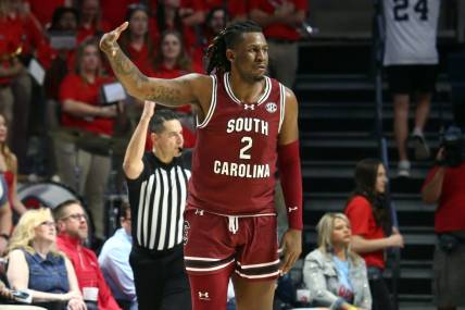 Feb 24, 2024; Oxford, Mississippi, USA; South Carolina Gamecocks forward B.J. Mack (2) reacts after a three-point basket during the second half against the Mississippi Rebels at The Sandy and John Black Pavilion at Ole Miss. Mandatory Credit: Petre Thomas-USA TODAY Sports