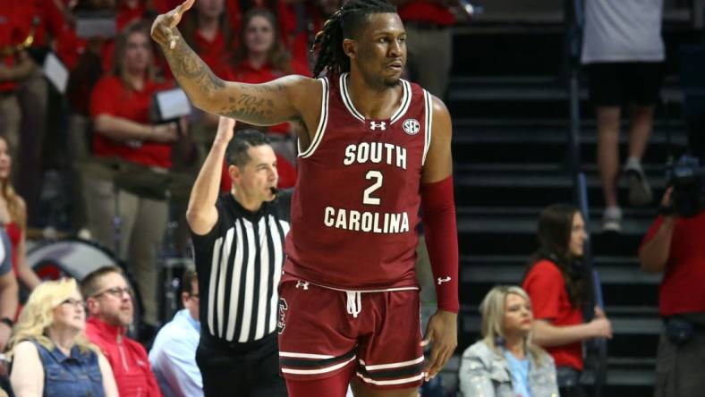 Feb 24, 2024; Oxford, Mississippi, USA; South Carolina Gamecocks forward B.J. Mack (2) reacts after a three-point basket during the second half against the Mississippi Rebels at The Sandy and John Black Pavilion at Ole Miss. Mandatory Credit: Petre Thomas-USA TODAY Sports