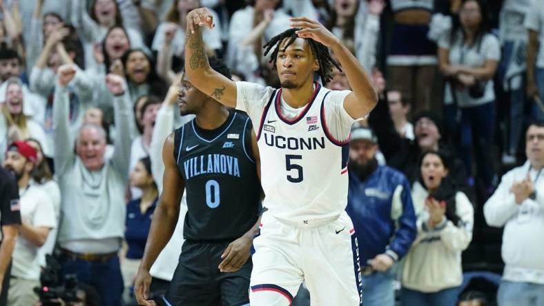 Feb 24, 2024; Storrs, Connecticut, USA; UConn Huskies guard Stephon Castle (5) reacts after his basket against the Villanova Wildcats in the first half at Harry A. Gampel Pavilion. Mandatory Credit: David Butler II-USA TODAY Sports