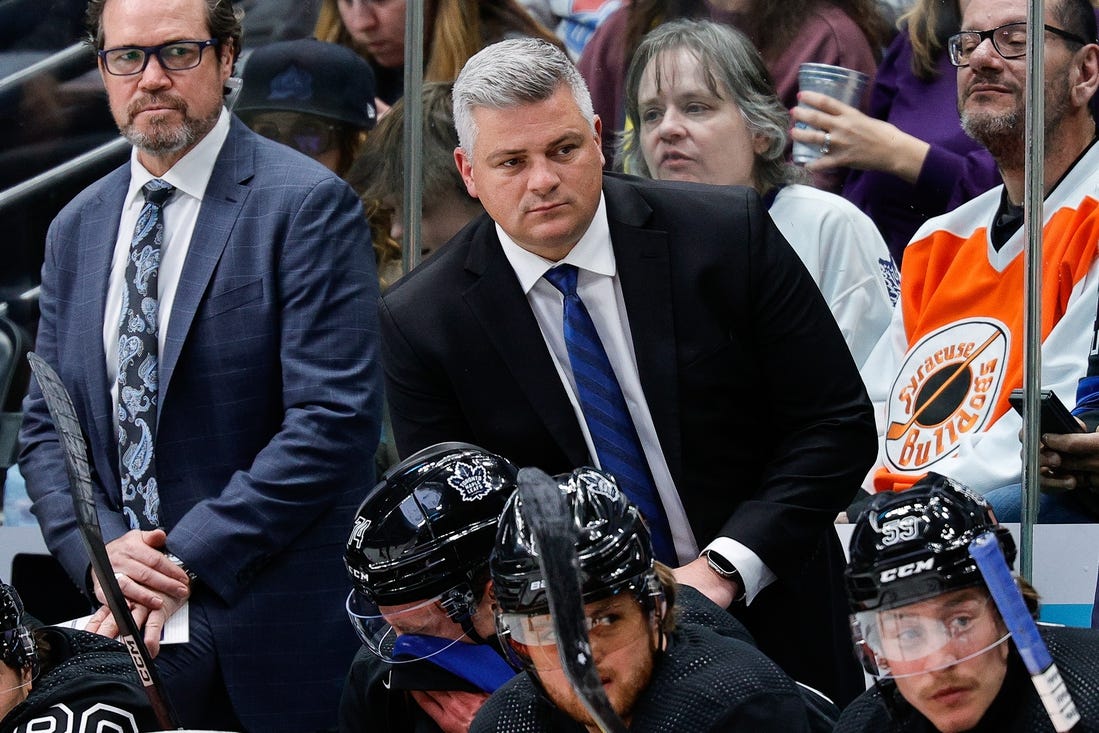 Feb 24, 2024; Denver, Colorado, USA; Toronto Maple Leafs head coach Sheldon Keefe looks on in the first period against the Colorado Avalanche at Ball Arena. Mandatory Credit: Isaiah J. Downing-USA TODAY Sports