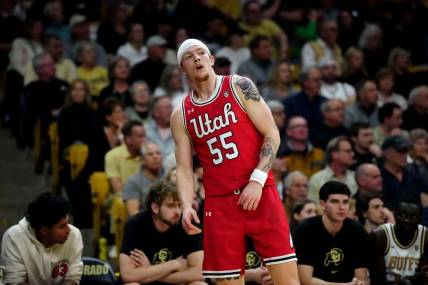 Feb 24, 2024; Boulder, Colorado, USA; Utah Utes guard Gabe Madsen (55) during the first half against the Colorado Buffaloes at the CU Events Center. Mandatory Credit: Ron Chenoy-USA TODAY Sports