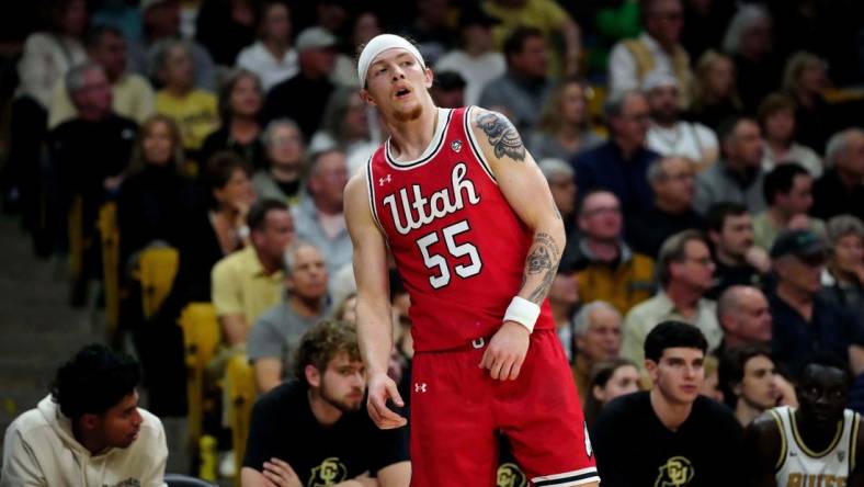 Feb 24, 2024; Boulder, Colorado, USA; Utah Utes guard Gabe Madsen (55) during the first half against the Colorado Buffaloes at the CU Events Center. Mandatory Credit: Ron Chenoy-USA TODAY Sports