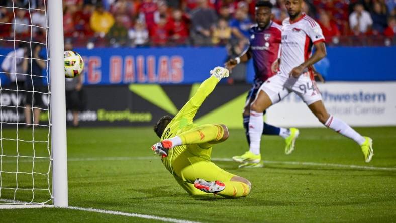 Feb 24, 2024; Frisco, Texas, USA; San Jose Earthquakes goalkeeper Daniel (42) gives up the game winning goal to FC Dallas forward Dante Sealy (not pictured) during the second half at Toyota Stadium. Mandatory Credit: Jerome Miron-USA TODAY Sports