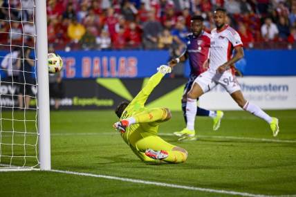 Feb 24, 2024; Frisco, Texas, USA; San Jose Earthquakes goalkeeper Daniel (42) gives up the game winning goal to FC Dallas forward Dante Sealy (not pictured) during the second half at Toyota Stadium. Mandatory Credit: Jerome Miron-USA TODAY Sports
