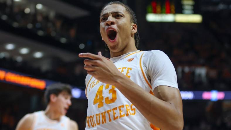 Feb 24, 2024; Knoxville, Tennessee, USA; Tennessee Volunteers guard Cameron Carr (43) reacts after dunking the ball against the Texas A&M Aggies during the second half at Thompson-Boling Arena at Food City Center. Mandatory Credit: Randy Sartin-USA TODAY Sports