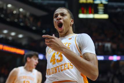 Feb 24, 2024; Knoxville, Tennessee, USA; Tennessee Volunteers guard Cameron Carr (43) reacts after dunking the ball against the Texas A&M Aggies during the second half at Thompson-Boling Arena at Food City Center. Mandatory Credit: Randy Sartin-USA TODAY Sports