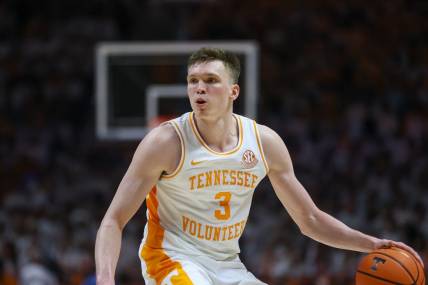 Feb 24, 2024; Knoxville, Tennessee, USA; Tennessee Volunteers guard Dalton Knecht (3) brings the ball up court against the Texas A&M Aggies during the second half at Thompson-Boling Arena at Food City Center. Mandatory Credit: Randy Sartin-USA TODAY Sports