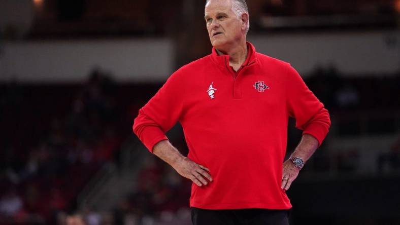 Feb 24, 2024; Fresno, California, USA; San Diego State Aztecs head coach Brian Dutcher watches action against the Fresno State Bulldogs in the second half at the Save Mart Center. Mandatory Credit: Cary Edmondson-USA TODAY Sports