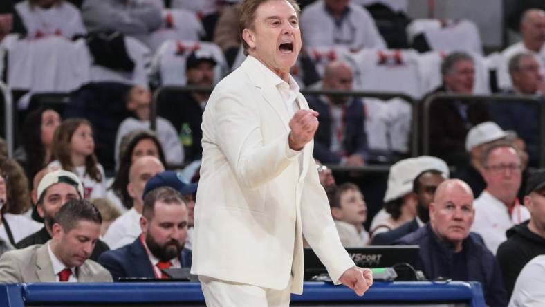 Feb 25, 2024; New York, New York, USA;  St. John's Red Storm head coach Rick Pitino yells out instructions in the first half against the Creighton Bluejays at Madison Square Garden. Mandatory Credit: Wendell Cruz-USA TODAY Sports