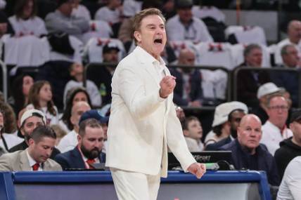 Feb 25, 2024; New York, New York, USA;  St. John's Red Storm head coach Rick Pitino yells out instructions in the first half against the Creighton Bluejays at Madison Square Garden. Mandatory Credit: Wendell Cruz-USA TODAY Sports