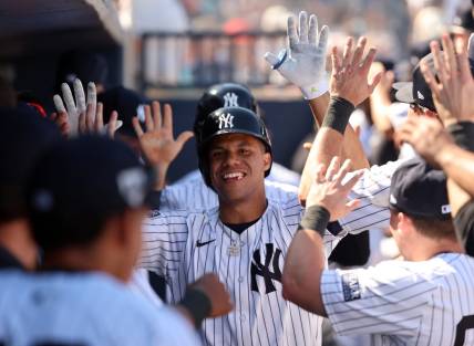 Feb 25, 2024; Tampa, Florida, USA; New York Yankees left fielder Juan Soto (22) celebrates in the dugout after he scores during the third inning against the Toronto Blue Jays at George M. Steinbrenner Field. Mandatory Credit: Kim Klement Neitzel-USA TODAY Sports