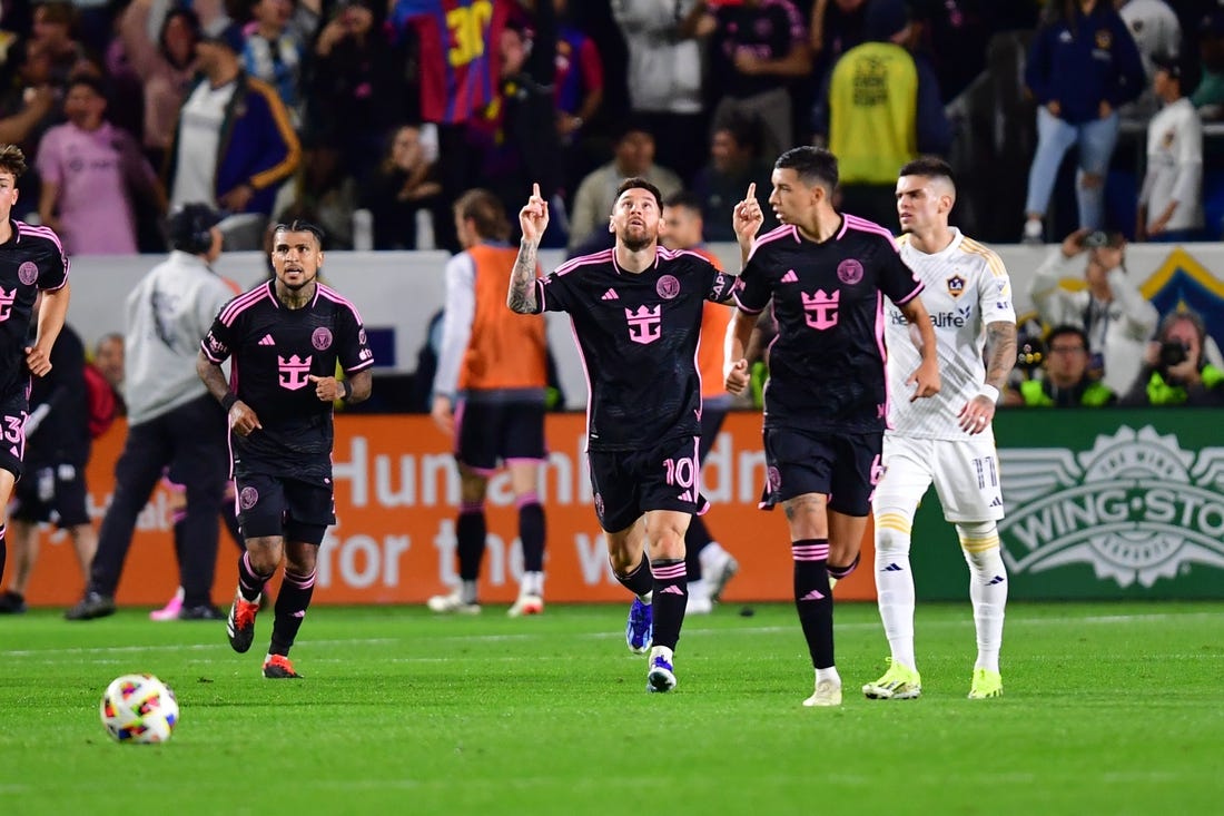 Feb 25, 2024; Carson, California, USA;  Inter Miami CF forward Lionel Messi (10) celebrates his goal scored against the LA Galaxy during the second half at Dignity Health Sports Park. Mandatory Credit: Gary A. Vasquez-USA TODAY Sports