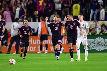 Feb 25, 2024; Carson, California, USA;  Inter Miami CF forward Lionel Messi (10) celebrates his goal scored against the LA Galaxy during the second half at Dignity Health Sports Park. Mandatory Credit: Gary A. Vasquez-USA TODAY Sports