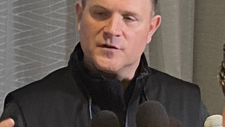 Green Bay Packers general manager Brian Gutekunst speaks to local media at the NFL scouting combine on Feb. 27 in Indianapolis.