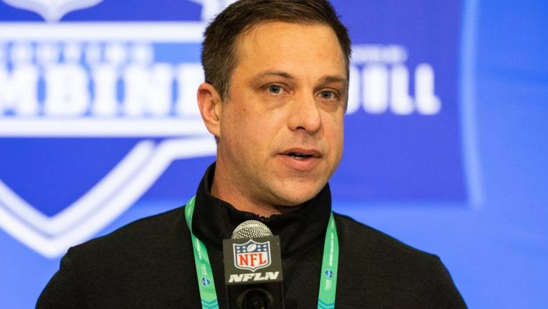 Feb 27, 2024; Indianapolis, IN, USA; Kansas City Chiefs General Manager Brett Veach talks to the media at the 2024 NFL Combine at Indiana Convention Center. Mandatory Credit: Trevor Ruszkowski-USA TODAY Sports