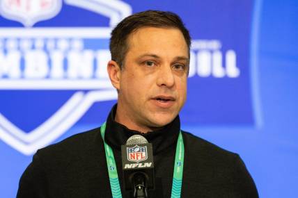 Feb 27, 2024; Indianapolis, IN, USA; Kansas City Chiefs General Manager Brett Veach talks to the media at the 2024 NFL Combine at Indiana Convention Center. Mandatory Credit: Trevor Ruszkowski-USA TODAY Sports