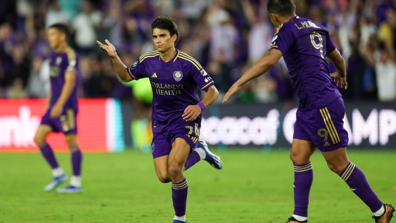 Feb 27, 2024; Orlando, FL, USA;  Orlando City forward Ramiro Enrique (7) celebrates after scoring a goal agaisnt Cavalry FC in the second half during a Concacaf Champions Cup match at Inter&Co Stadium. Mandatory Credit: Nathan Ray Seebeck-USA TODAY Sports