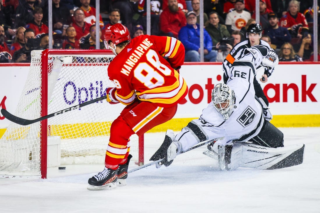 Feb 27, 2024; Calgary, Alberta, CAN; Calgary Flames left wing Andrew Mangiapane (88) scores a goal against Los Angeles Kings goaltender Cam Talbot (39) during the second period at Scotiabank Saddledome. Mandatory Credit: Sergei Belski-USA TODAY Sports
