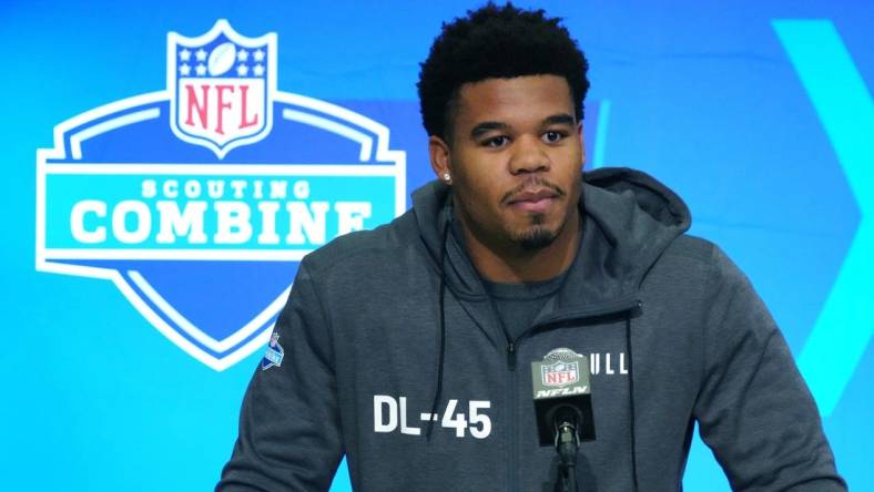 Feb 28, 2024; Indianapolis, IN, USA; Penn State defensive lineman Chop Robinson (DL45) speaks at a press conference at the NFL Scouting Combine at Indiana Convention Center. Mandatory Credit: Kirby Lee-USA TODAY Sports