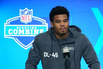 Feb 28, 2024; Indianapolis, IN, USA; Penn State defensive lineman Chop Robinson (DL45) speaks at a press conference at the NFL Scouting Combine at Indiana Convention Center. Mandatory Credit: Kirby Lee-USA TODAY Sports