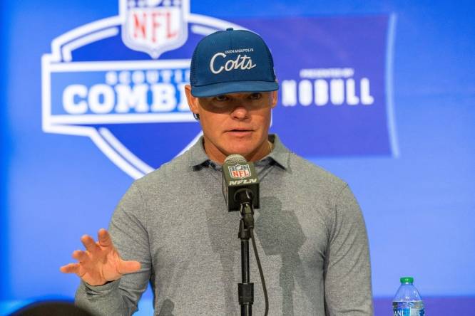 Feb 28, 2024; Indianapolis, IN, USA; Indianapolis Colts general manager Chris Ballard  talks to the media at the 2024 NFL Combine at Indiana Convention Center. Mandatory Credit: Trevor Ruszkowski-USA TODAY Sports