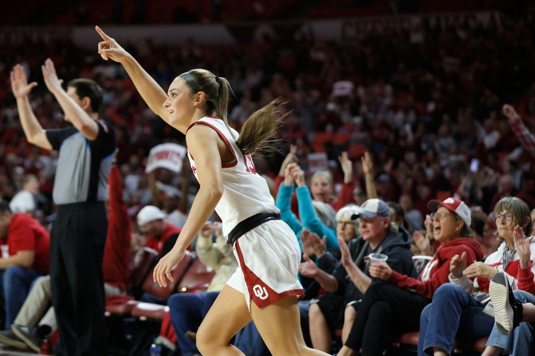 Oklahoma Sooners guard Lexy Keys (15) celebrates after making a 3-pointer during a women's college basketball game between the University of Oklahoma Sooners (OU) and the Texas Longhorns at Lloyd Noble Center in Norman, Okla., Wednesday, Feb. 28, 2024.