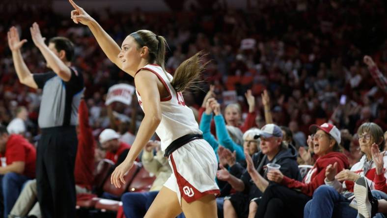 Oklahoma Sooners guard Lexy Keys (15) celebrates after making a 3-pointer during a women's college basketball game between the University of Oklahoma Sooners (OU) and the Texas Longhorns at Lloyd Noble Center in Norman, Okla., Wednesday, Feb. 28, 2024.