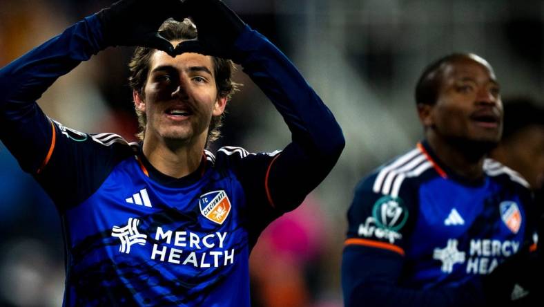 FC Cincinnati midfielder Gerardo Valenzuela (22) celebrates after scoring a goal in the second half of the MLS match between the FC Cincinnati and the Cavalier FC at TQL Stadium in Cincinnati on Wednesday, Feb. 28, 2024.