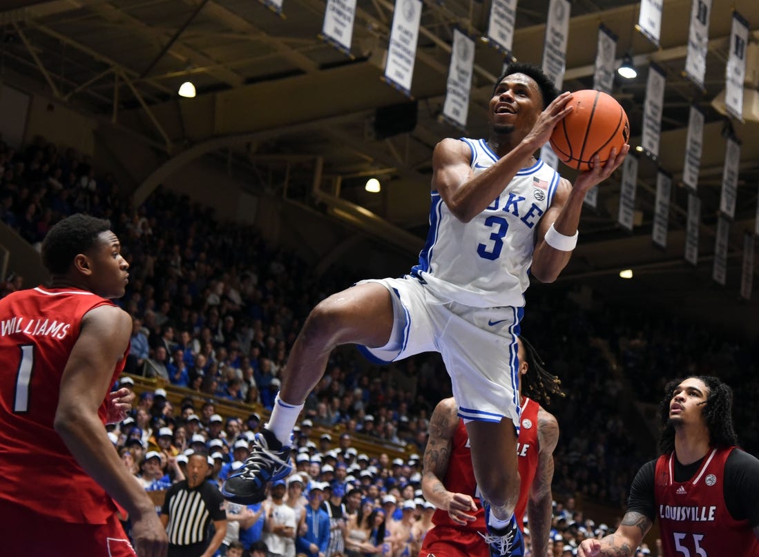 Feb 28, 2024; Durham, North Carolina, USA; Duke Blue Devils guard Jeremy Roach (3) drives to the basket during the second half against the Louisville Cardinals at Cameron Indoor Stadium.  Mandatory Credit: Rob Kinnan-USA TODAY Sports
