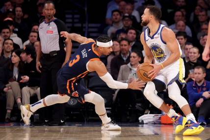 Feb 29, 2024; New York, New York, USA; Golden State Warriors guard Stephen Curry (30) looks to shoot a three point shot against New York Knicks guard Josh Hart (3) during the first quarter at Madison Square Garden. Mandatory Credit: Brad Penner-USA TODAY Sports