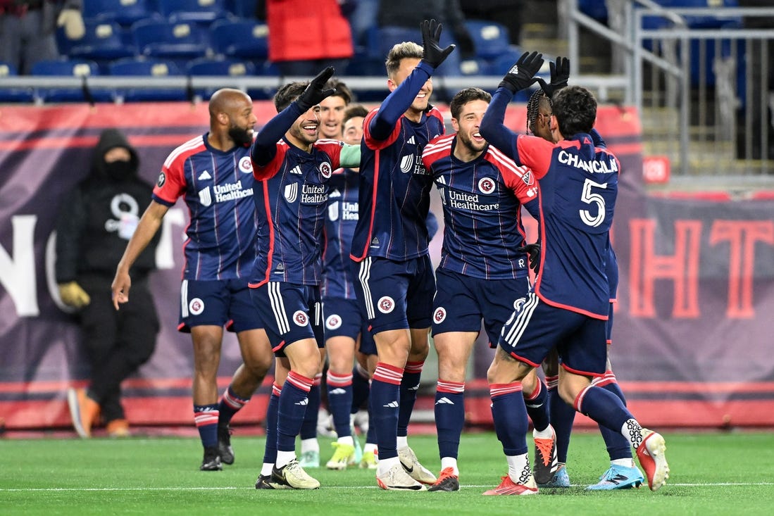 Feb 29, 2024; Foxborough, MA, USA; The New England Revolution react after a goal was scored by midfielder Nacho Gil (21) during the first half of a match against the Club Atletico Independiente at Gillette Stadium. Mandatory Credit: Brian Fluharty-USA TODAY Sports