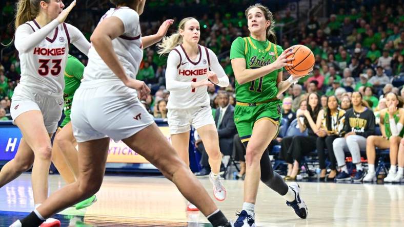 Feb 29, 2024; South Bend, Indiana, USA; Notre Dame Fighting Irish guard Sonia Citron (11) drives to the basket as Virginia Tech Hokies Carleigh Wenzel (1) defends in the second half at the Purcell Pavilion. Mandatory Credit: Matt Cashore-USA TODAY Sports