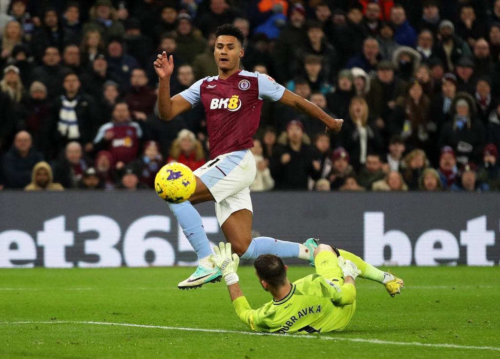 Soccer Football - Premier League - Aston Villa v Newcastle United - Villa Park, Birmingham, Britain - January 30, 2024 Aston Villa's Ollie Watkins scores a goal that is later disallowed.