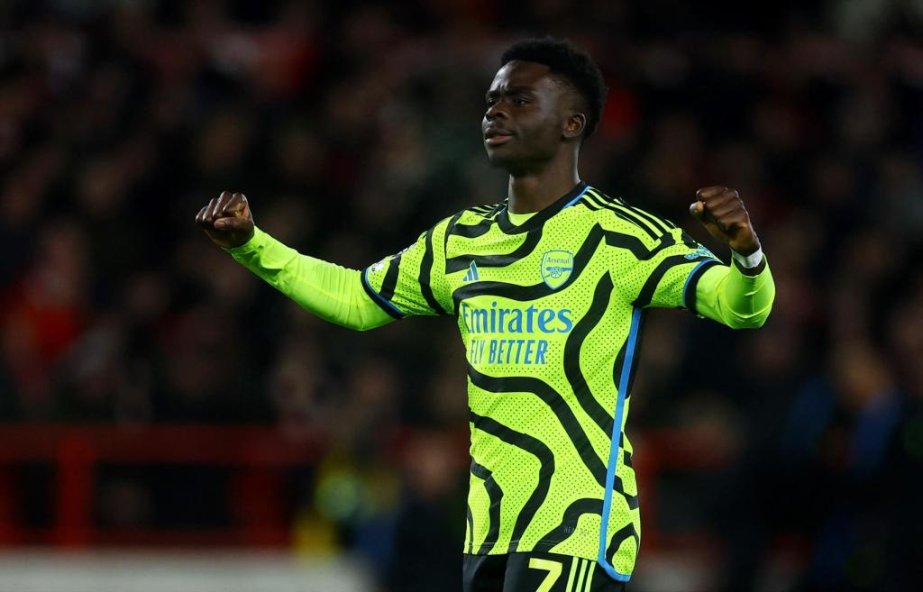 Soccer Football - Premier League - Nottingham Forest v Arsenal - The City Ground, Nottingham, Britain - January 30, 2024 Arsenal's Bukayo Saka celebrates scoring their second goal Action Images via Reuters/Lee Smith