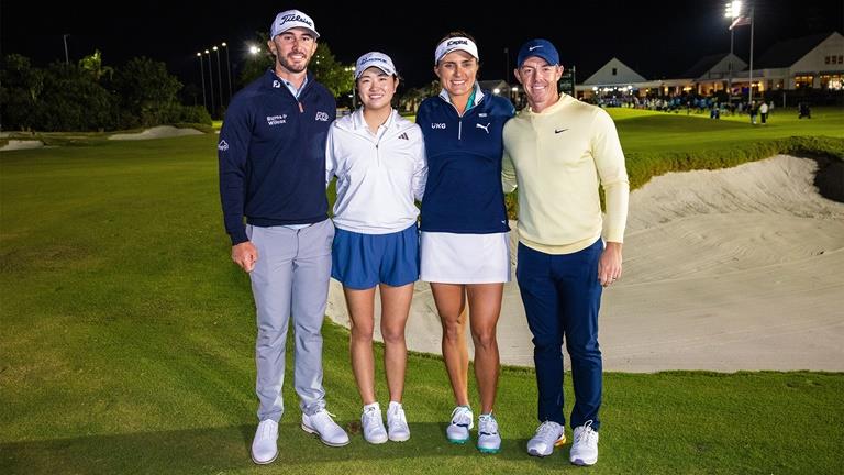 The Match 9 featured PGA Tour stars Max Homa (left) and Rory McIlroy (right) against LPGA Tour stars Rose Zhang and Lexi Thompson (middle).