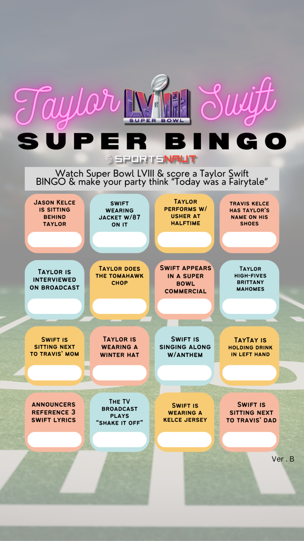 Taylor Swift Super Bowl Bingo