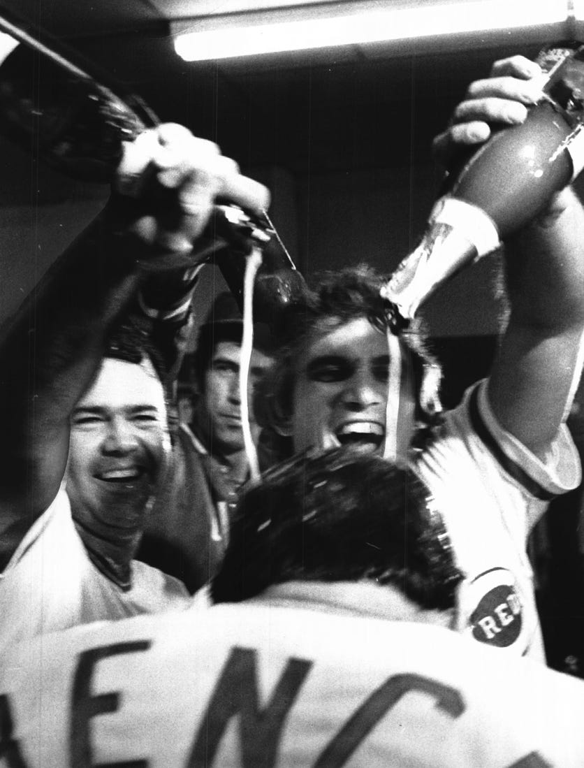 Bob Bailey and Bill Plummer douse Johnny Bench with champagne in the clubhouse after beating the Phillies in the NLCS. Between Bailey and Plummer, Pat Zachry is visible.

Cincpt 06 23 2016 Enquirer 1 C005 2016 06 22 Img Reds283 1 1 Nreoo6r0 L832351460 Img Reds283 1 1 Nreoo6r0