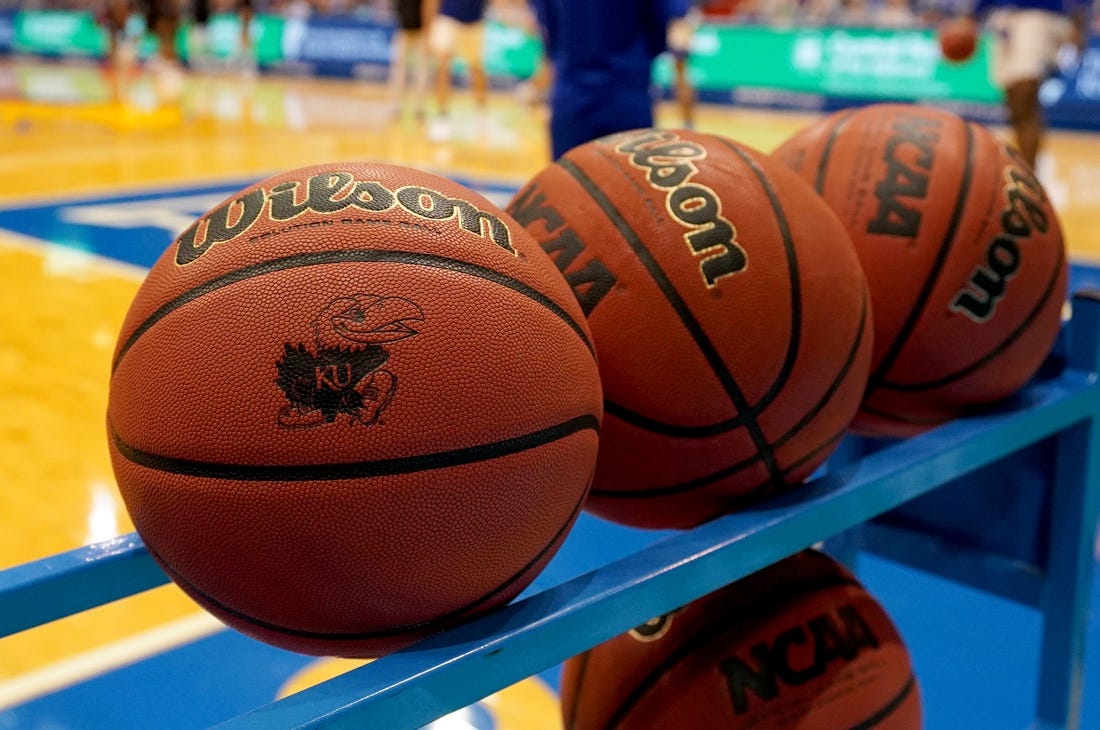 Dec 11, 2020; Lawrence, Kansas, USA; A general view of racked basketballs. Mandatory Credit: Denny Medley-USA TODAY Sports