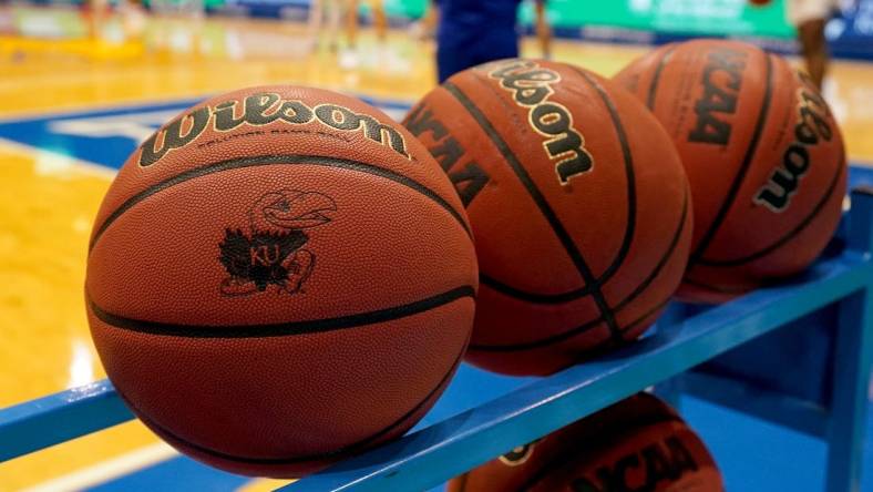 Dec 11, 2020; Lawrence, Kansas, USA; A general view of racked basketballs. Mandatory Credit: Denny Medley-USA TODAY Sports