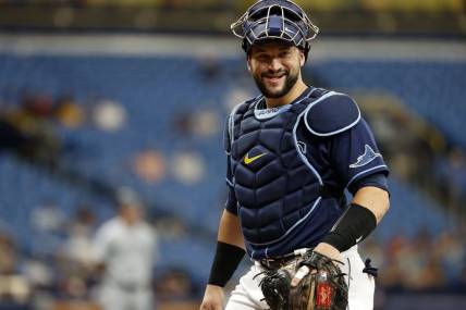 Aug 4, 2021; St. Petersburg, Florida, USA;  Tampa Bay Rays catcher Mike Zunino (10) smiles during the second inning against the Seattle Mariners at Tropicana Field. Mandatory Credit: Kim Klement-USA TODAY Sports