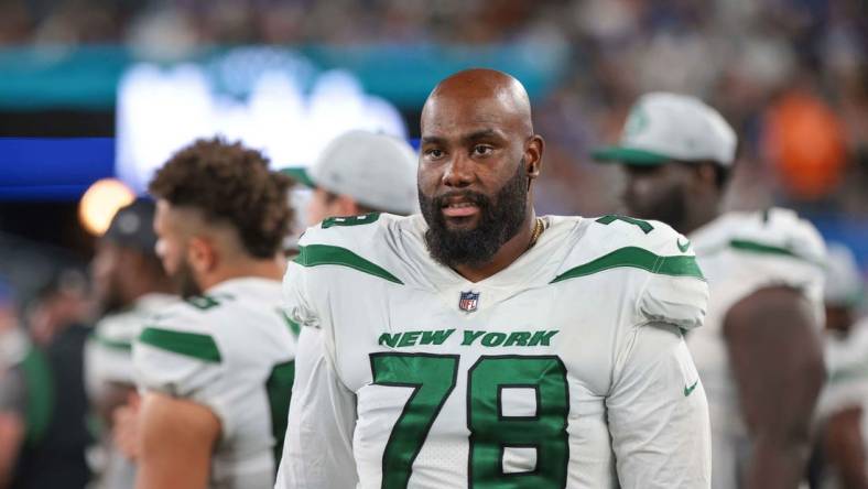 Aug 14, 2021; East Rutherford, New Jersey, USA; New York Jets offensive tackle Morgan Moses (78) during the second half against the New York Giants at MetLife Stadium. Mandatory Credit: Vincent Carchietta-USA TODAY Sports