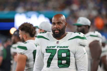 Aug 14, 2021; East Rutherford, New Jersey, USA; New York Jets offensive tackle Morgan Moses (78) during the second half against the New York Giants at MetLife Stadium. Mandatory Credit: Vincent Carchietta-USA TODAY Sports