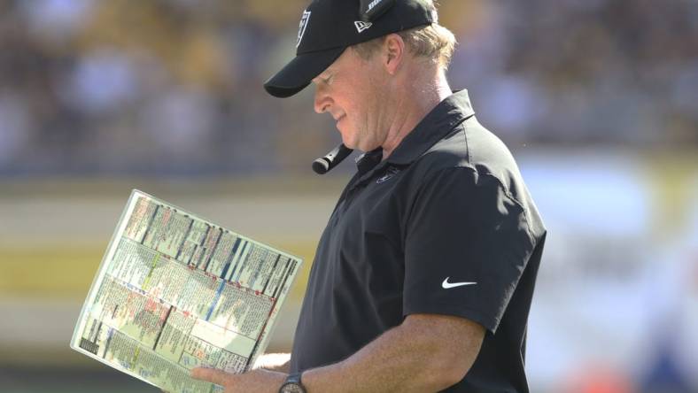 Sep 19, 2021; Pittsburgh, Pennsylvania, USA;  Las Vegas Raiders head coach Jon Gruden looks at his play chart against the Pittsburgh Steelers during the fourth quarter at Heinz Field. Las Vegas won 26-17.  Mandatory Credit: Charles LeClaire-USA TODAY Sports