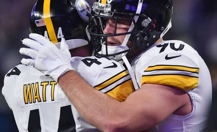 Dec 9, 2021; Minneapolis, Minnesota, USA; Pittsburgh Steelers outside linebacker T.J. Watt (right) and his brother fullback Derek Watt (44) embrace before the game against the Minnesota Vikings at U.S. Bank Stadium. Mandatory Credit: Jeffrey Becker-USA TODAY Sports