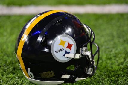 Dec 9, 2021; Minneapolis, Minnesota, USA; The Steelers logo on the helmet before the game between the Minnesota Vikings and the Pittsburgh Steelers at U.S. Bank Stadium. Mandatory Credit: Jeffrey Becker-USA TODAY Sports