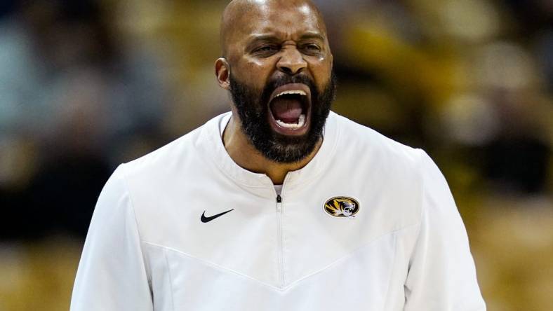 Feb 20, 2022; Columbia, Missouri, USA; Missouri Tigers head coach Cuonzo Martin reacts during the second half against the Mississippi State Bulldogs at Mizzou Arena. Mandatory Credit: Jay Biggerstaff-USA TODAY Sports