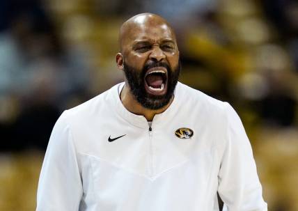 Feb 20, 2022; Columbia, Missouri, USA; Missouri Tigers head coach Cuonzo Martin reacts during the second half against the Mississippi State Bulldogs at Mizzou Arena. Mandatory Credit: Jay Biggerstaff-USA TODAY Sports
