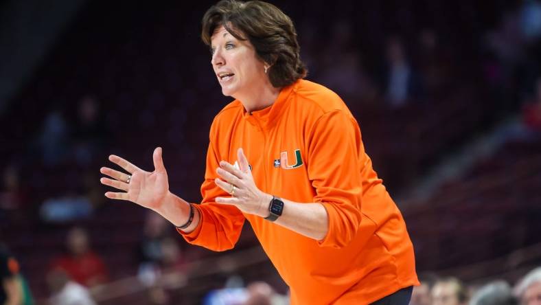 Mar 18, 2022; Columbia, South Carolina, USA; Miami Hurricanes head coach Katie Meier directs her team against the South Florida Bulls in the second half at Colonial Life Arena. Mandatory Credit: Jeff Blake-USA TODAY Sports